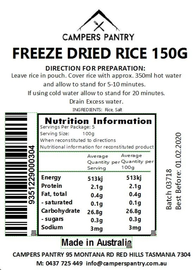 Campers Pantry Freeze Dried Rice 150g