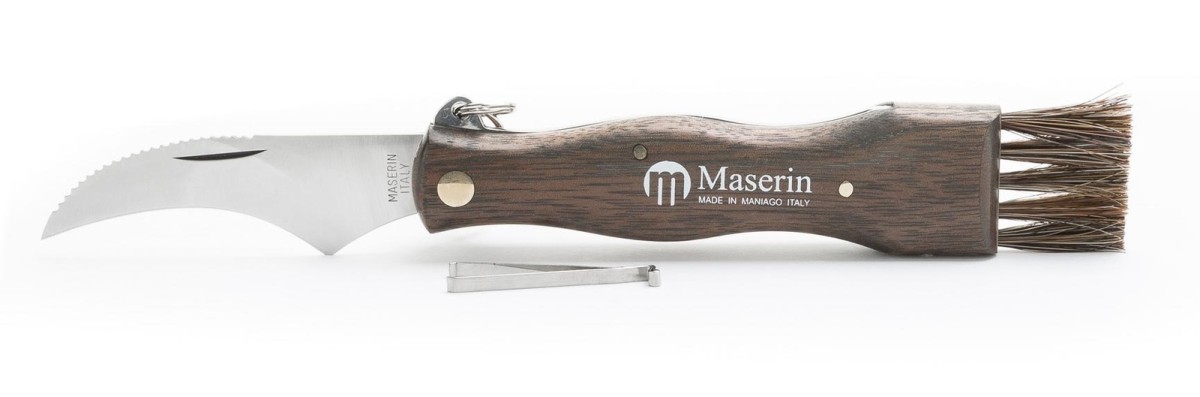 Maserin M800 – 75mm Stainless Steel Mushroom Knife (Walnut Handle with Tweezers, Spring Clip & Brush)