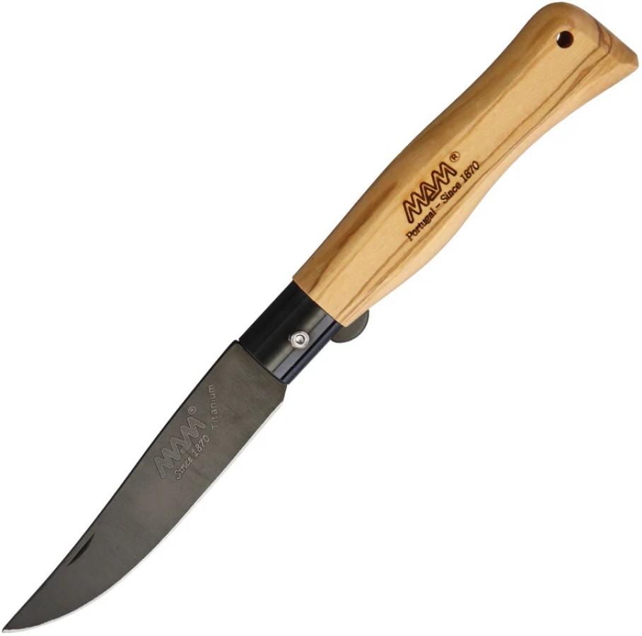 MAM 2211 90mm Anniversary Olive Wood Folding Black Titanium Douro L Pocket Knife with Blade Lock (Beech Hardwood Handle)